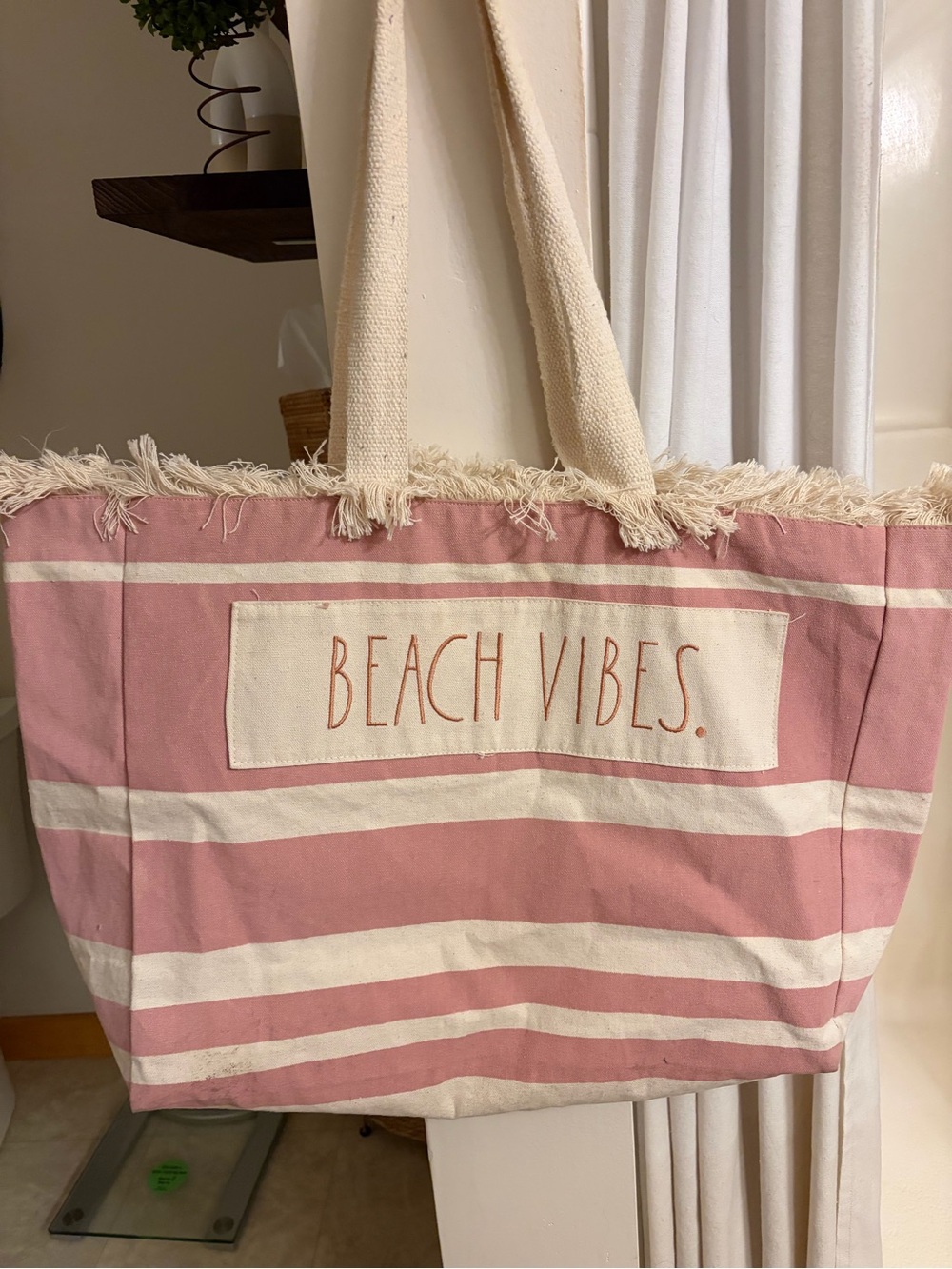 Rae Dunn Canvas Beach Tote Bag - Pink Stripe "Beach Vibes"